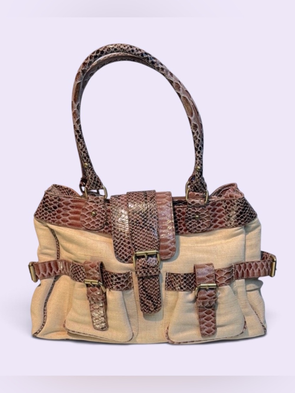 Poppie Jones Brown and Tan Shoulder Bag with Textured Leather Accents